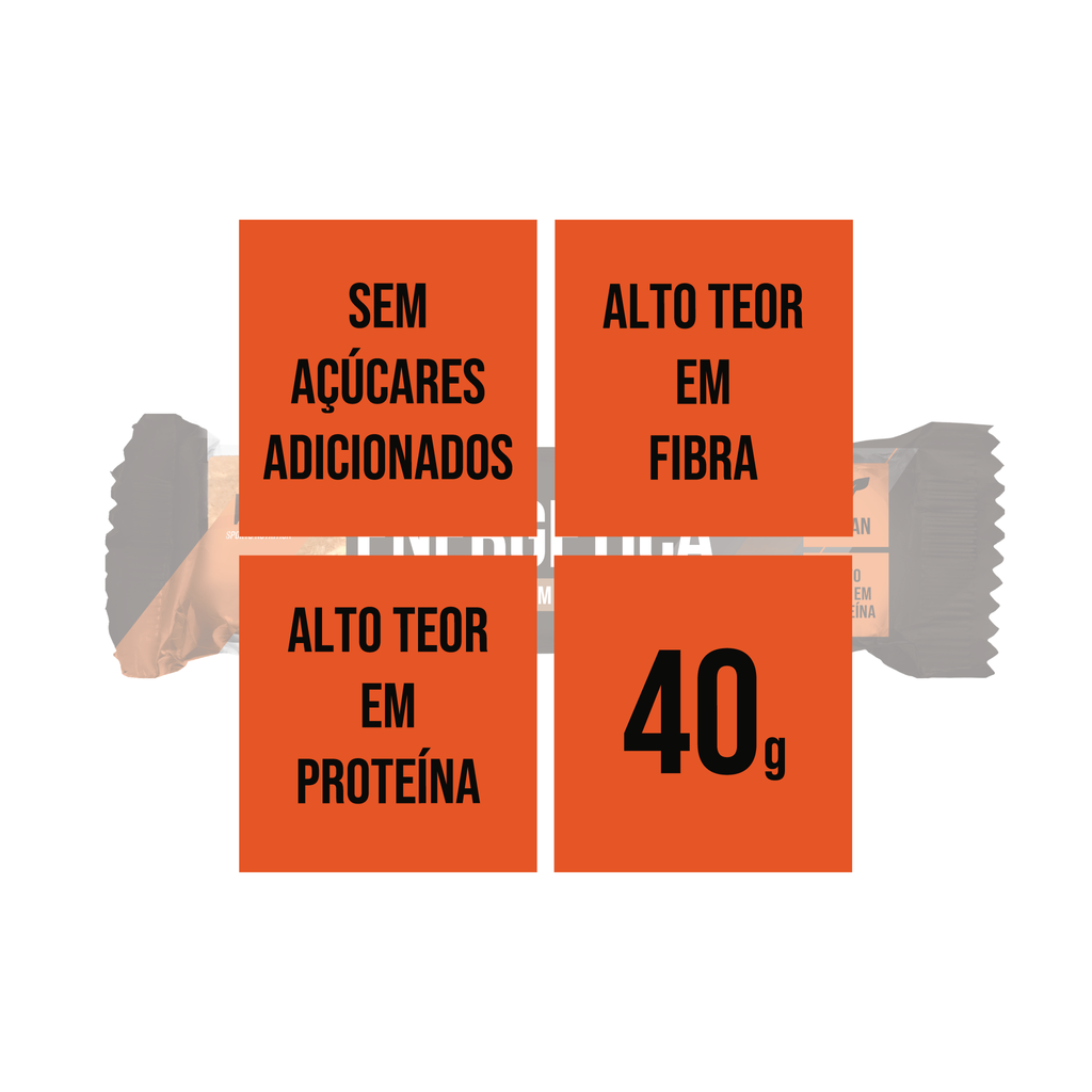 Imagem Infográfica - barra energética com alto teor em fibra, sem açúcares adicionados e alto teor em proteína. 