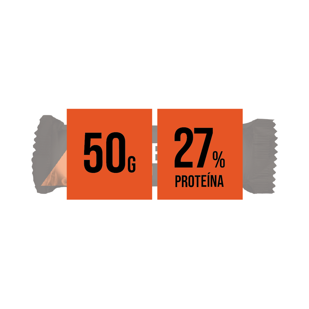 Imagem Infográfica - barra proteica de sabor a caramelo com 27% de proteína.