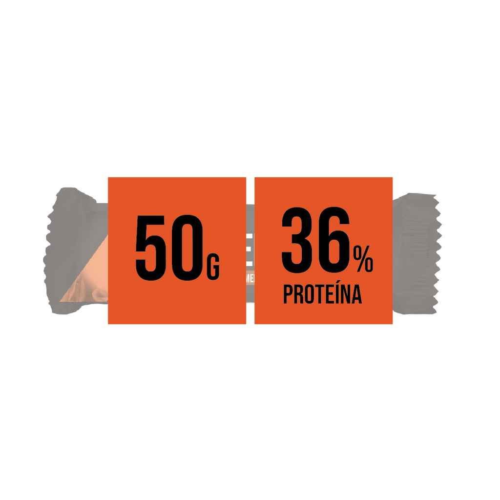 Imagem Infográfica - barra proteica de sabor a caramelo com 36% de proteína.